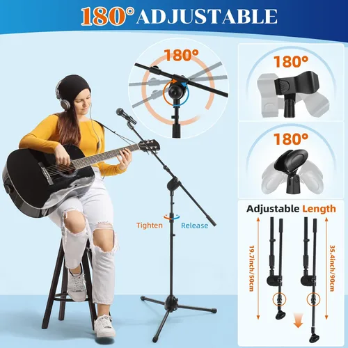 Vista 3 de Relaxweex 6 soportes universales para micrófono, trípode para piso, brazo de brazo, altura ajustable de 34 a 90.5 pulgadas, con bolsa de transporte