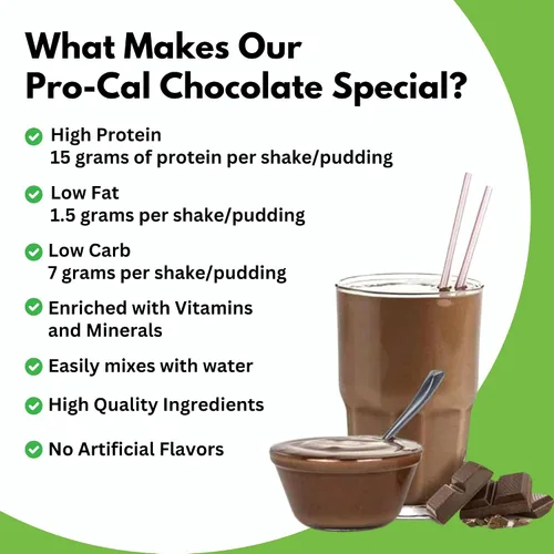 Vista 3 de Pro-Cal - Polvo de reemplazo de comida de chocolate, mezcla de pudín y batido alto en proteínas, bajo en calorías, bajo en carbohidratos, sin