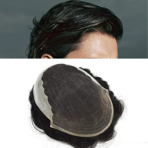 Vista 67 de Pieza de cabello para hombres suizo frente encaje frontal tupé europeo Remy sistema de reemplazo de cabello humano nudo blanqueado línea capilar