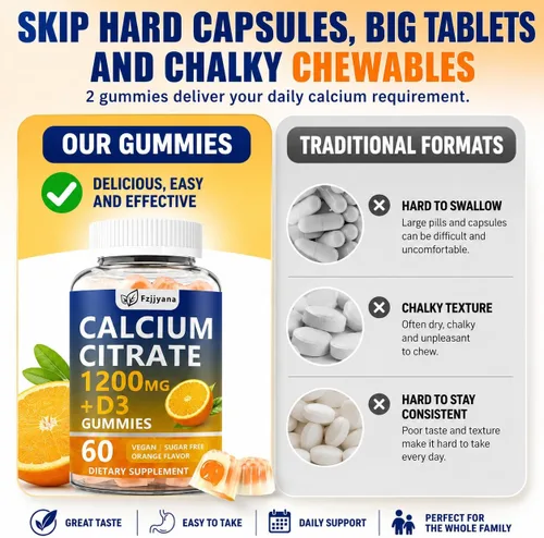 Vista 5 de (2 unidades) Citrato de calcio con gomitas de vitamina D3, suplemento de calcio de 1200 mg para mujeres y hombres, apoya la salud de los huesos