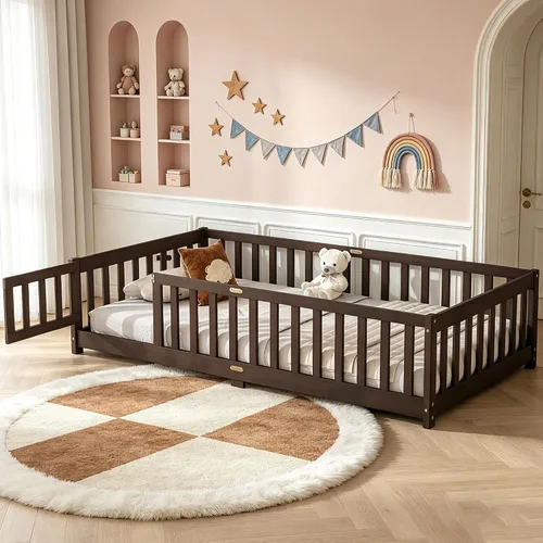 Vista 14 de Cama Montessori de tamaño matrimonial con tablillas, puerta y valla, cama Gris