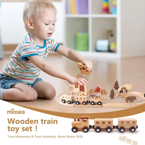 Vista 6 de Juego de tren de madera Montessori juguetes para niños fomentan el juego imaginativo y las habilidades motoras finas, pistas de tren de doble cara