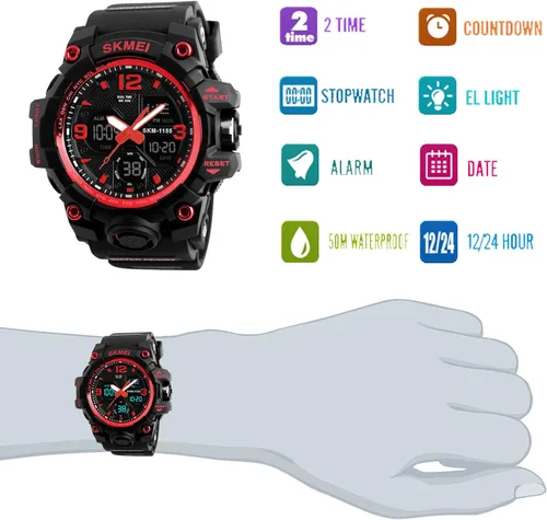 Vista 5 de Mens Analog Digital LED 50M Waterproof Outdoor Sport Watch Military Multifunction Casual Dual Display 12H24H Stopwatch Calendar Wrist Watch