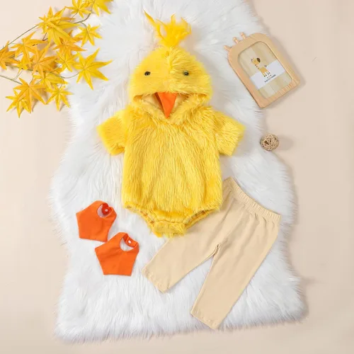 Vista 3 de Conjunto de 3 piezas de disfraz para bebés y niñas, con capucha de piel de pato amarilla, pantalones largos, aletas