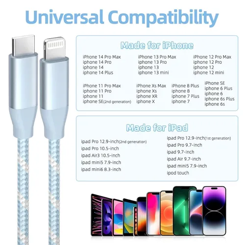 Vista 7 de MenoSupp Paquete de 3 cables USB C a Lightning de 6 pies de carga rápida para iPhone de carga rápida tipo C a Lightning para iPhone 14 13 12 11 Pro