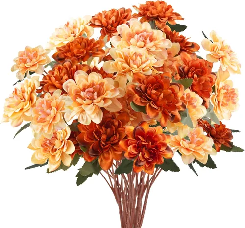 Vista 7 de 6 flores artificiales de otoño, 18 cabezas de seda, flores falsas de crisantemo naranja para el hogar, chimenea, mesa, centros de mesa, arreglos