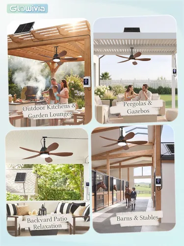 Vista 9 de 42" Solar Ceiling Fan for Outdoor with Light & Battery IP65 Walnut Walnut Wood