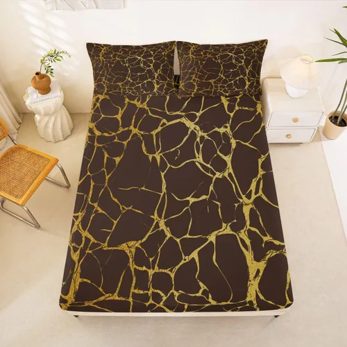 Vista 18 de Erosebridal Sábana bajera ajustable de mármol metálico dorado, tamaño individual, sábanas de cama con purpurina dorada negra, diseño de textura