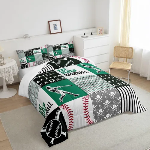 Vista 4 de Erosebridal Ropa de cama de béisbol tamaño matrimonial, juego de edredón de jugador de béisbol para adolescentes y adultos, edredón de retazos con 2