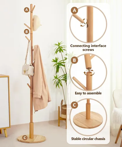 Vista 13 de Cozivolife Perchero de pie, perchero de madera con 9 ganchos y 3 alturas ajustables, abrigo de árbol de madera de haya para dormitorio, oficina