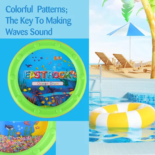 Vista 3 de EASTROCK Ocean Drum - Instrumento de percusión de sonido de mar de 10 pulgadas con gráfico de pescado, onda y efecto de surf (2 PCS)