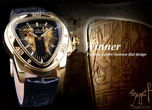 Vista 3 de Winner - Reloj de pulsera mecánico de moda triangular, esfera de carreras triangular, esfera de esqueleto dorado, movimiento automático, diseño