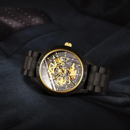 Vista 6 de IK COLOURING Relojes de lujo mecánico de madera caso esqueleto Lumious automático automático ligero cuero genuino pulsera/reloj de pulsera con banda