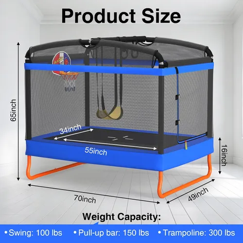 Vista 8 de LANGXUN Trampolín rectangular de 6 pies para niños, trampolín 5 en 1, aprobado por ASTM para interiores y exteriores, mini trampolín con red de Azul