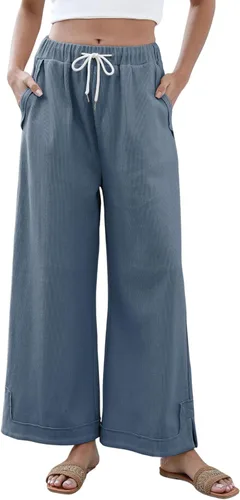 Vista 19 de Athlisan Pantalones Palazzo Holgados de Pierna Ancha para Mujer Casuales Sueltos con Cordón Cintura Elástica Pantalones de Descanso con Bolsillos