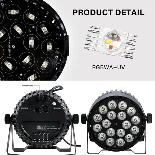Vista 8 de DMX RGBWA - Luz Par de 180 W, UV 6 en 1, 18 luces LED Par 64 Luces de club de DJ con sonido activado para DJ Disco Club Festival Boda Fiesta Iglesia