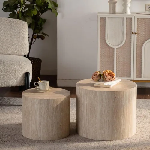 Vista 3 de Juego de 2 mesas de centro anidadas, modernas mesas de centro redondas de madera, mesa auxiliar decorativa para espacios pequeños, sala de estar