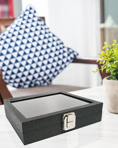 Vista 7 de Novel Box - Caja organizadora de joyas, cuero sintético negro, 6 x 3.75 x 2 pulgadas, caja de joyería de cristal de tamaño pequeño con tapa
