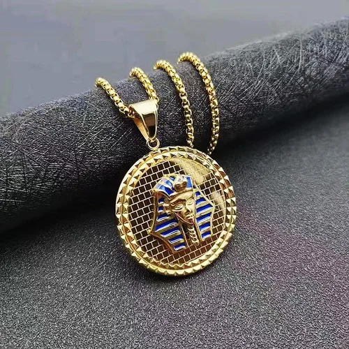 Vista 4 de Horus Pharaoh King - Cadena con colgante redondo para hombre, collar con colgante redondo TUT para hombre, momia egipcia, Akhnaton, motociclista