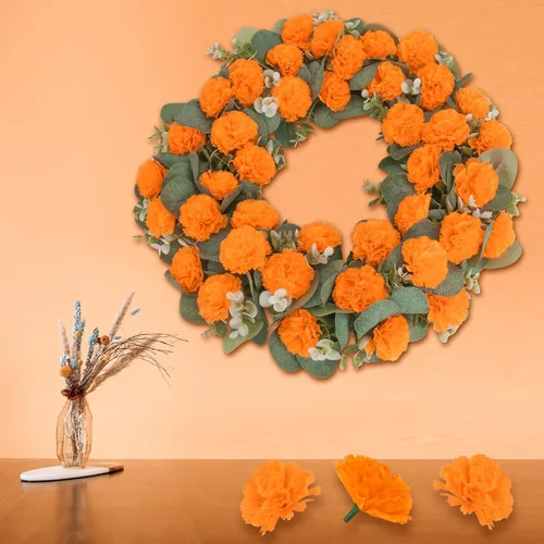 Vista 7 de 30 flores artificiales de caléndula de 2 pulgadas, cabezas de flores de caléndula de seda con tallos, flores naranjas artificiales para decoración