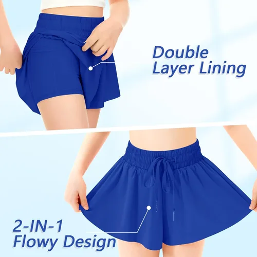 Vista 4 de Pantalones cortos deportivos de mariposa para niñas, pantalones cortos fluidos con bolsillo 2 en 1, pantalones cortos para correr, entrenamiento