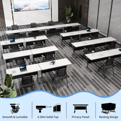 Vista 7 de Mesa de conferencias plegable con ruedas, mesa modular para sala de conferencias con 2 ojales para cables, mesas móviles de sala de reuniones