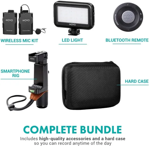 Vista 6 de Movo Kit de video inalámbrico para teléfono inteligente V2+ con trípode, agarre, micrófono de solapa inalámbrico, luz LED y control remoto,