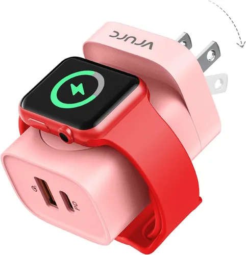 Vista 11 de VRURC Cargador para iPhone y Apple Watch, bloque de carga rápida USB C de 20 W, adaptador de viaje compacto 3 en 1 con 2 puertos para iPhone