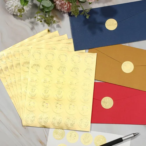 Vista 6 de Gersoniel 540 calcomanías de sellos de cera dorada para boda, sobre en relieve, lámina dorada, calcomanías de cera autoadhesivas para tarjetas
