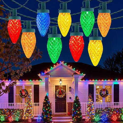 Vista 12 de Luces LED C9 de Navidad para exteriores, 34 pies, 50 LED, impermeables, decoraciones navideñas de fresas, luces de cadena, enchufables, luces