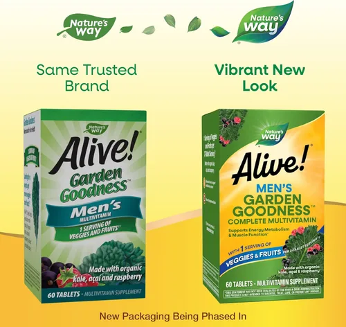 Vista 2 de Nature's Way Alive! Garden Goodness Multivitamínico para hombre, una porción de verduras y frutas (1), vitaminas B de alta potencia, 60 tabletas