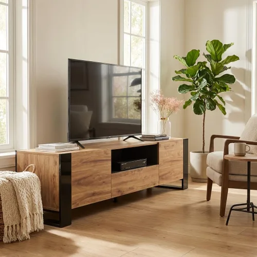 Vista 8 de Woody - Soporte de TV moderno de alto brillo de 71 pulgadas (roble/gris)