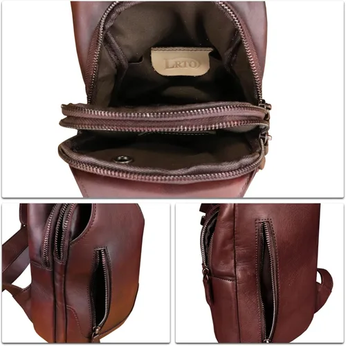 Vista 7 de LRTO Bolso bandolera de cuero genuino hecho a mano para senderismo, motocicleta, retro, sobre el hombro, bolso de pecho