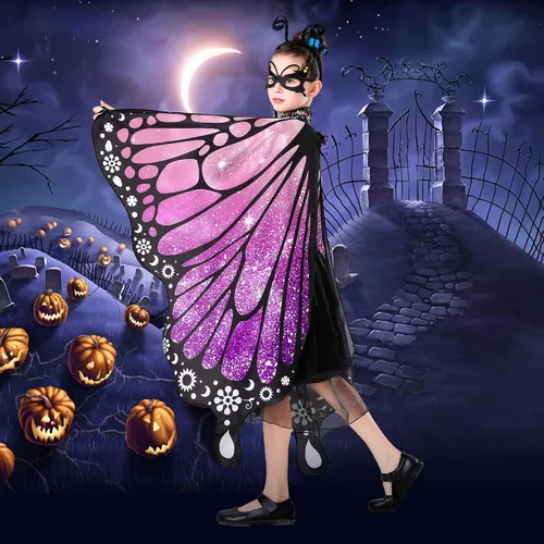 Vista 4 de Tibeha Halloween Butterfly Costume for Adult - Double-Sided Printing Wings Women Kids Girls Cape