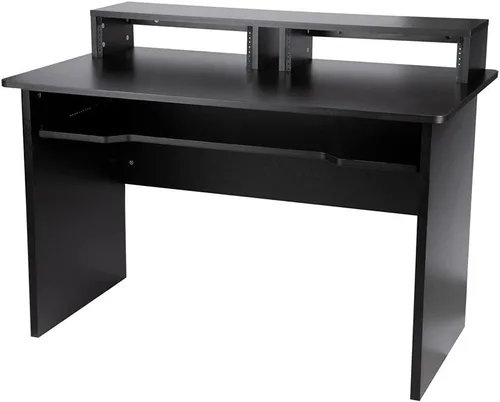 Vista 4 de Monoprice Estación de trabajo de estudio con doble bahía de rack de 3U y bandeja controladora de teclado de 66 teclas, para estudio en casa moderna
