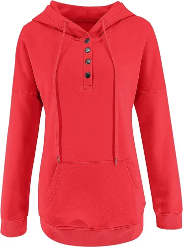 Vista 3 de Sudadera tipo túnica para mujer, sudadera con capucha para mujer, casual, con botones, manga larga, con bolsillo