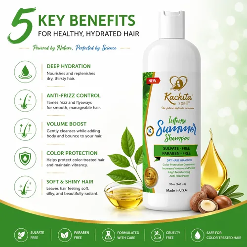 Vista 2 de Kachita Spell Nuevo Champú Hidratante Hidratante Intenso Verano Sin Sulfatos y Parabenos Para Cabello Seco Medio a Grueso, Color Tratado Hecho