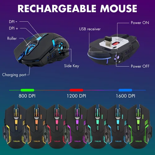 Vista 5 de Teclado inalámbrico y mouse para videojuegos, batería recargable con retroiluminación RGB, combo de jugador, sensación mecánica, anti-fantasma