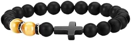 Vista 2 de COLORFUL BLING Juego de 27 pulseras de cruz de cristal curativo natural de 0.315in, piedra azul ojo de tigre y ágata negra mate con cuentas
