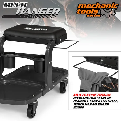 Vista 7 de M-AUTO Asiento de rodillo para garaje, taburete de taller mecánico resistente con bandeja para herramientas y estante para equipos, asiento