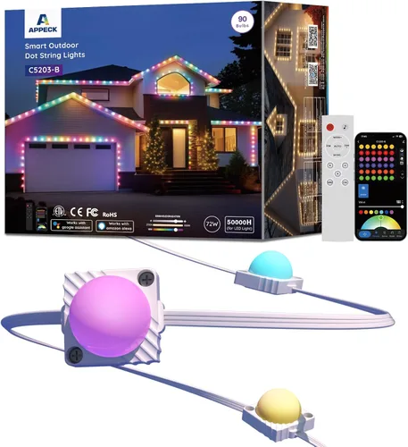 Vista 9 de Luces de exterior permanentes de 50 pies con 45 LED, luces de cadena LED RGB para exteriores que cambian de color con 60 lm de luz blanca cálida