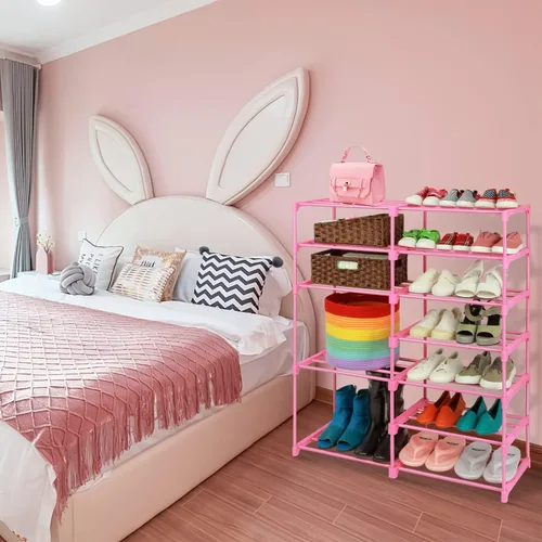 Vista 7 de LNYZQUS Zapatero rosa grande de 7 niveles, 24 a 30 pares de estantes organizadores de zapatos altos, organizador de botas para niños, para garaje