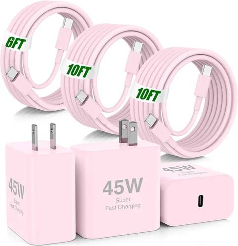 Vista 23 de USB C de carga súper rápida de 65 W para iPhone 17 16 Pro Max, bloque de carga USB C de 3 puertos de 100 W y cable trenzado tipo C de 3/6/6/10 pies