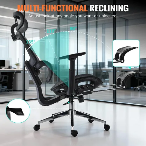 Vista 7 de Silla de oficina ergonómica, silla de escritorio de malla para el hogar, cómoda silla de juegos con reposapiés, ruedas, reposacabezas 2D ajustable