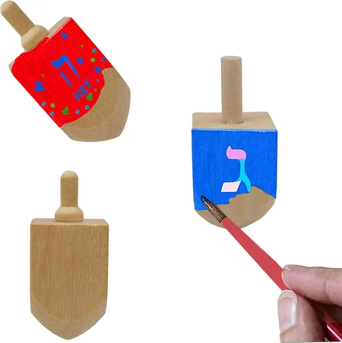 Vista 4 de The Dreidel Company Craft-A-Dreidel, crea tu propia personalización, el kit incluye 2 Dreidels de madera, 3 colores, 1 cepillo, 1 purpurina