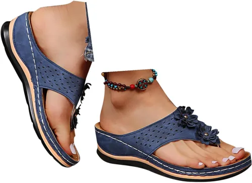 Vista 17 de Chanclas para mujer 2026, soporte de arco de flores, sandalias ortopédicas sin cordones con puntera abierta, bucle ajustable, sandalias de cuña