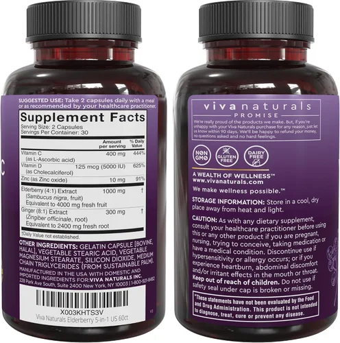 Vista 8 de Viva Naturals Baya de saúco negro de 1000 mg con vitamina C, D3 5000 UI y zinc, suplemento de apoyo inmunológico 5 en 1 para adultos, cápsulas
