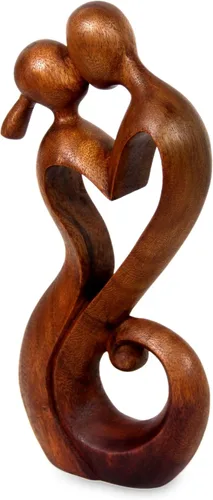 Vista 4 de NOVICA Escultura romántica de madera de suar marrón, 11.75 pulgadas de alto 'Everlasting Kiss