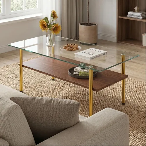 Vista 12 de IANIYA Mesa de Centro de Vidrio, Mesa de Centro Rectangular Negra para Sala de Estar con Vidrio Templado y Tubo de Metal, 2 Niveles de Espacio