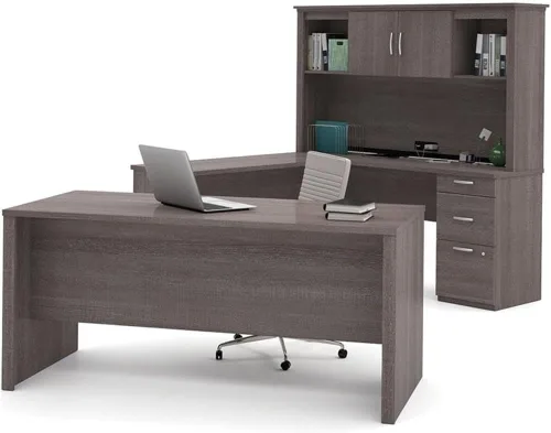 Vista 4 de Atlin Designs Escritorio moderno para computadora en forma de U de madera con gabinete, acabado gris corteza, superficie resistente a los arañazos